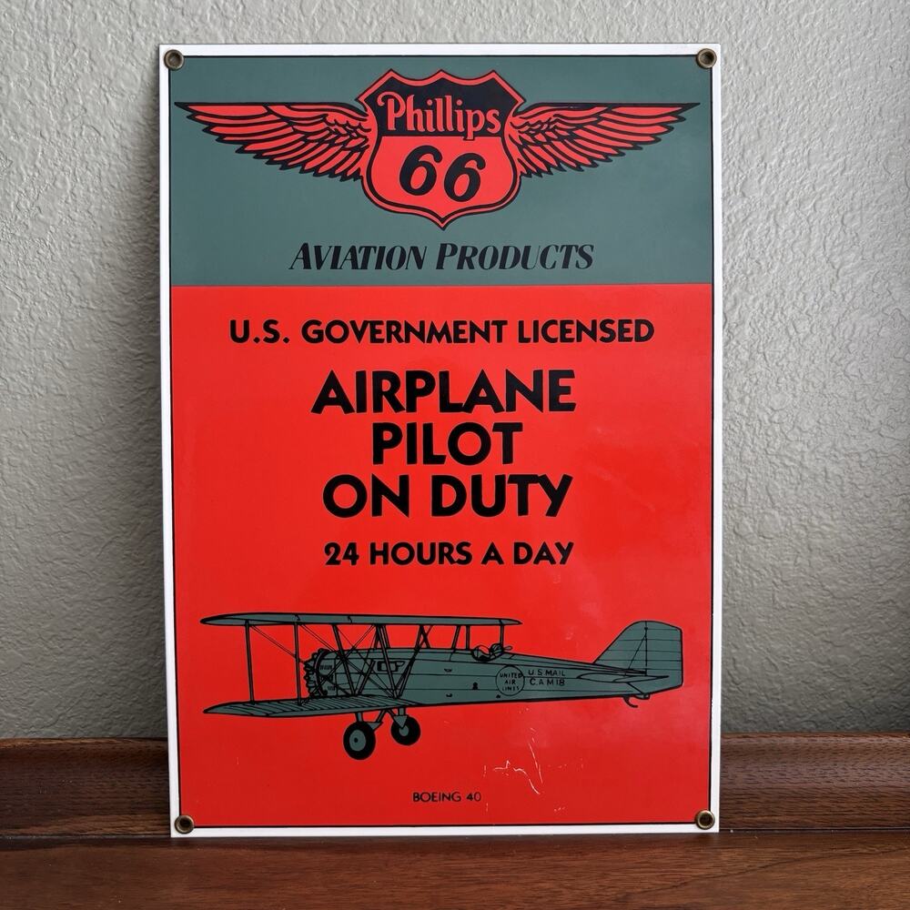 Vintage PHILLIPS 66 - Airplane Pilot on Duty Metal & Porcelain Sign, Boeing 40
